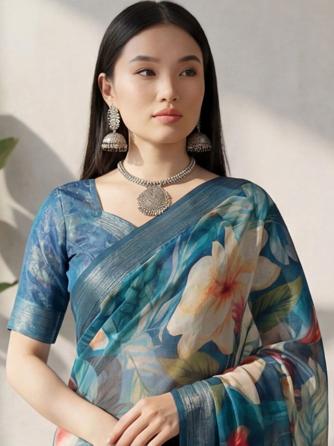 Anouk Rustic Floral Zari Pure Linen Designer Khadi Saree thumbnail 4