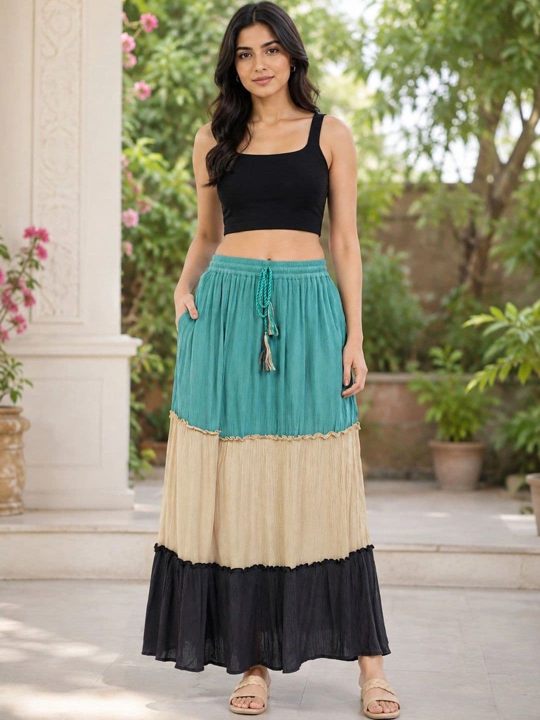Rabhika Women Pure Cotton Cotton Cambric Colourblocked Tiered Maxi Tiered Skirt - view 1