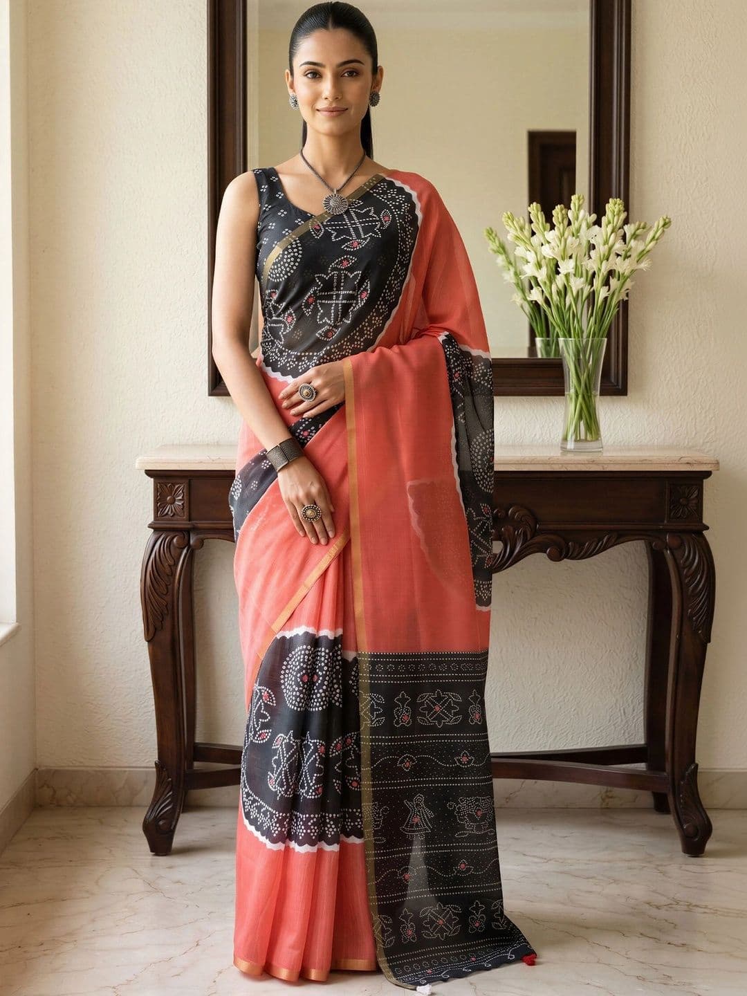 Sangria Bandhani Designer Block Print Saree - view 1