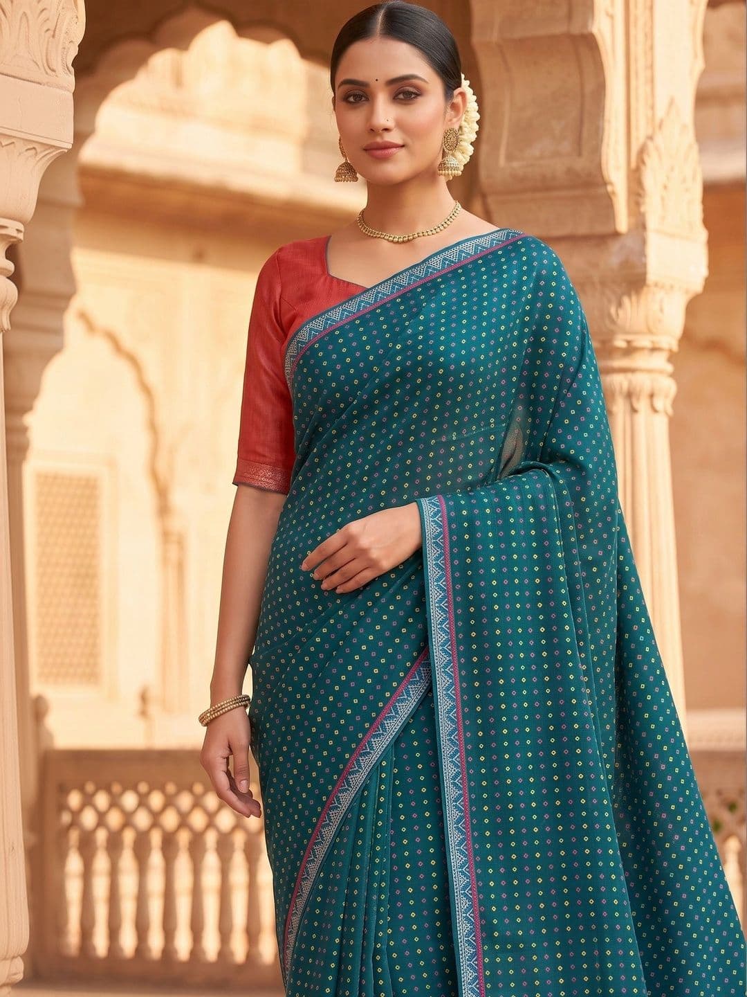 PRANU TRENDS Poly Georgette Bandhani Saree thumbnail 4