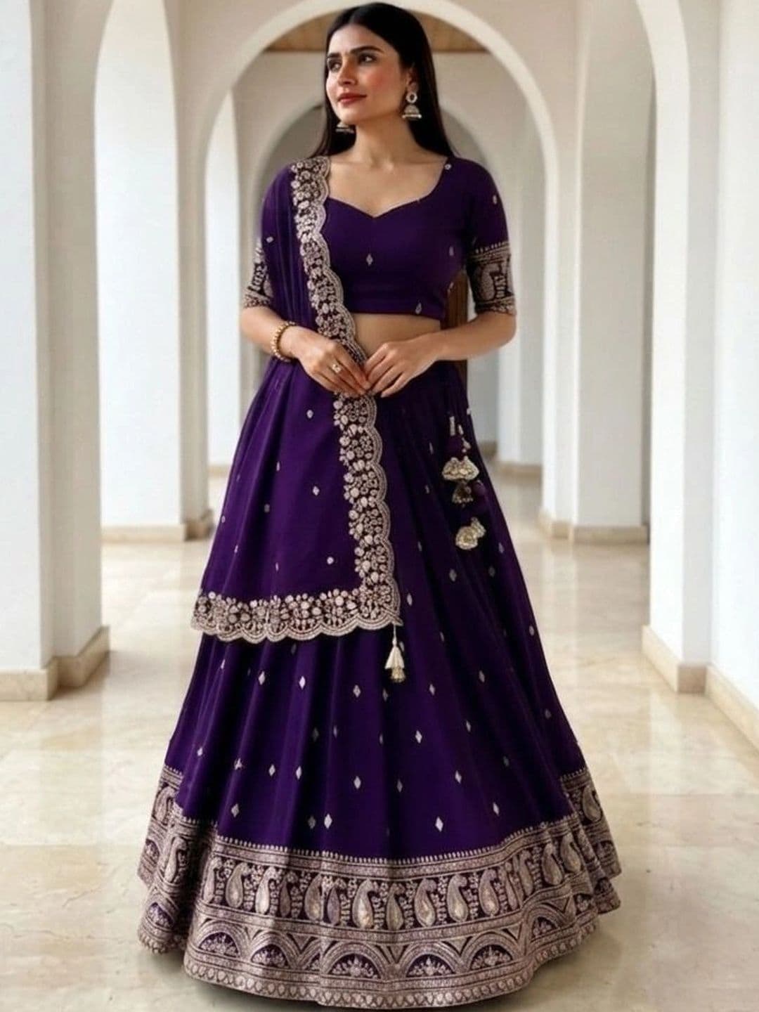 HERE&NOW Women Embroidered Semi-Stitched Lehenga & Blouse With Dupatta thumbnail 2