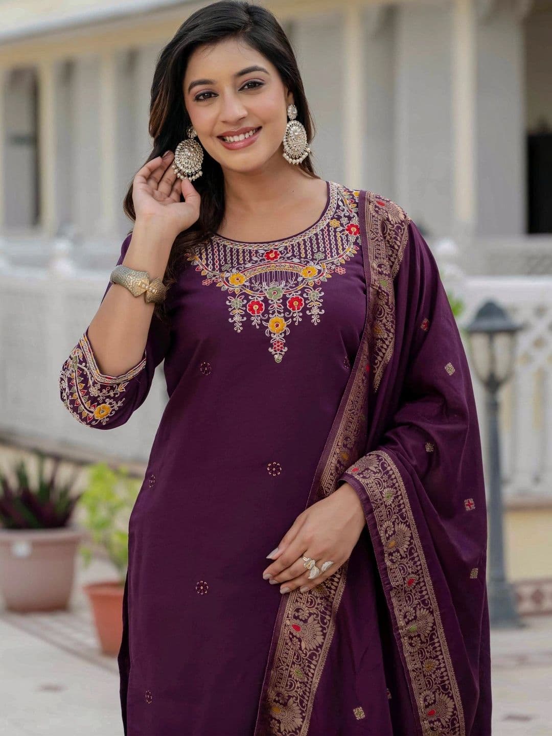 Sangria Women Ethnic Motifs Thread Work Kurta with Trousers & With Dupatta thumbnail 3