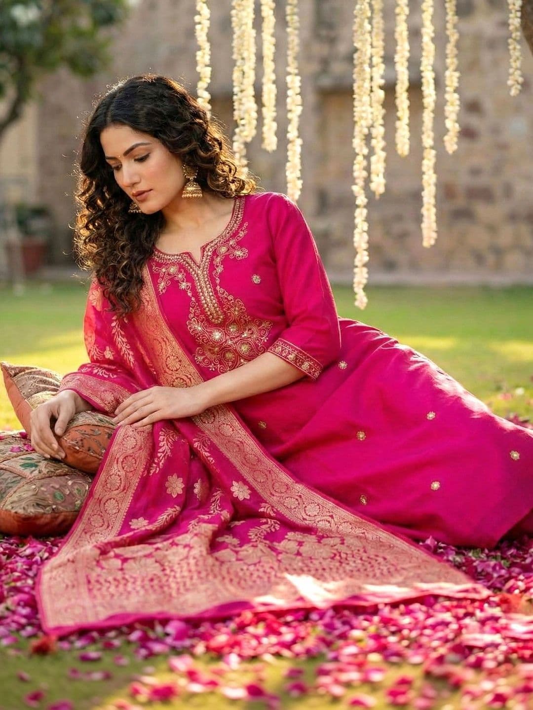 SHRI VANYA CREATION Women Ethnic Motifs Embroidered Regular Chanderi Silk Kurta with Trousers & With Dupatta thumbnail 7
