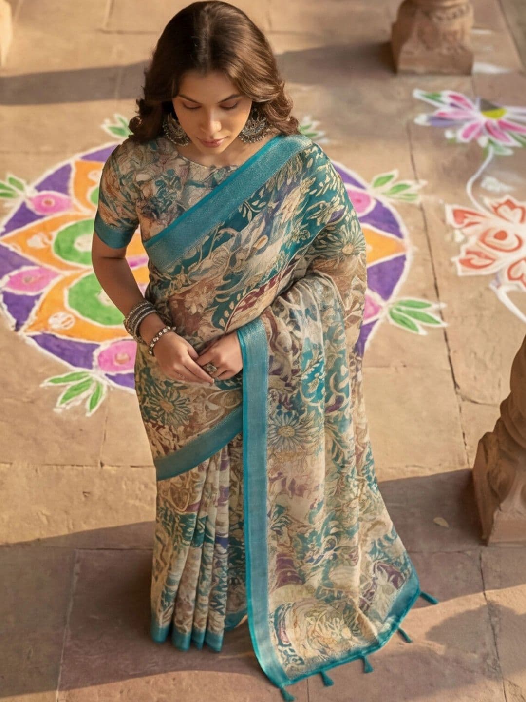 Anouk Rustic Floral Zari Pure Linen Designer Khadi Saree thumbnail 4