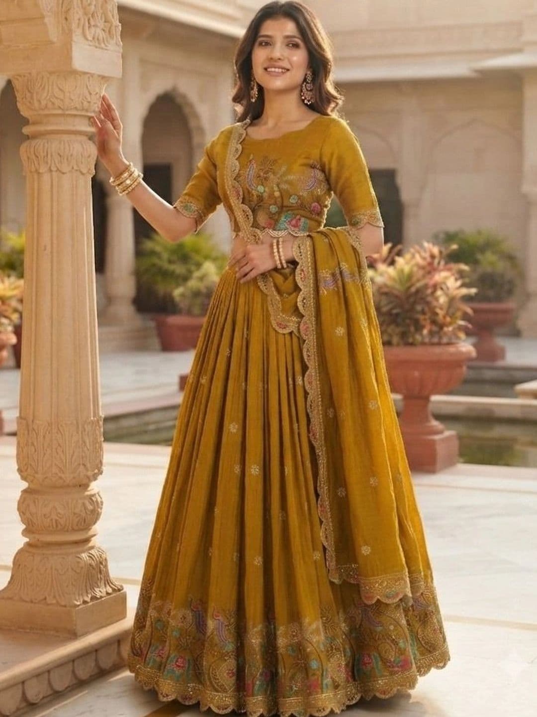 HERE&NOW  women Embroidered Thread Work Semi-Stitched Lehenga & Blouse With Dupatta thumbnail 2