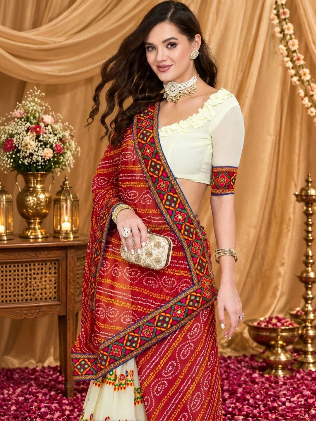 Mitera Bandhani Embroidered Poly Georgette Half and Half Bandhani Saree thumbnail 3