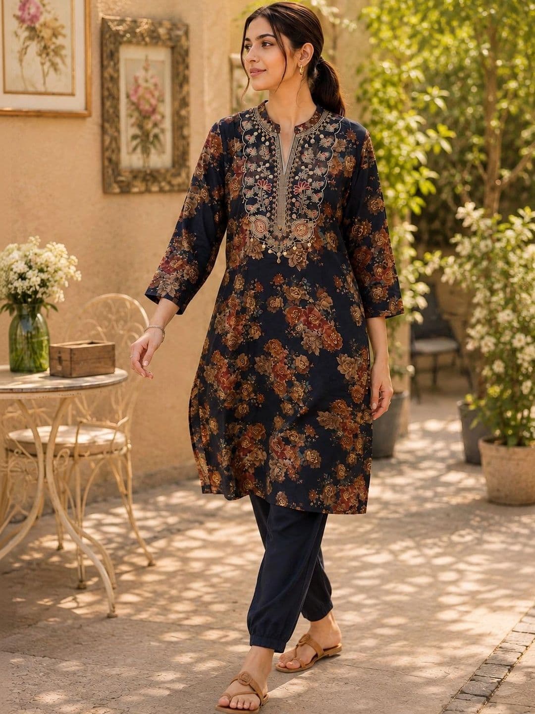 Nayam By Lakshita Women Floral Printed Regular Thread Work Kurta with Trousers thumbnail 4