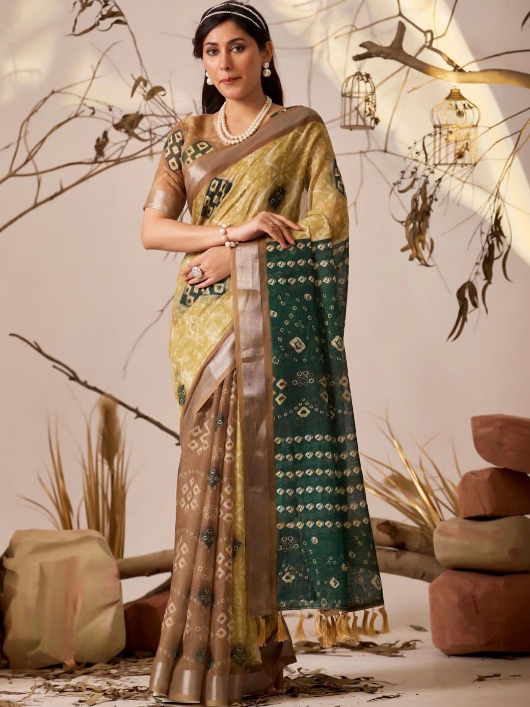 Moda Rapido Bandhani Zari Linen Blend Designer Patola Saree - view 1