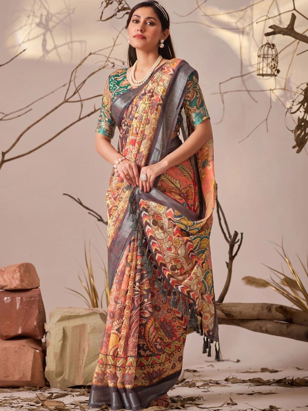 Moda Rapido Kalamkari Zari Linen Blend Designer Patola Saree thumbnail 4