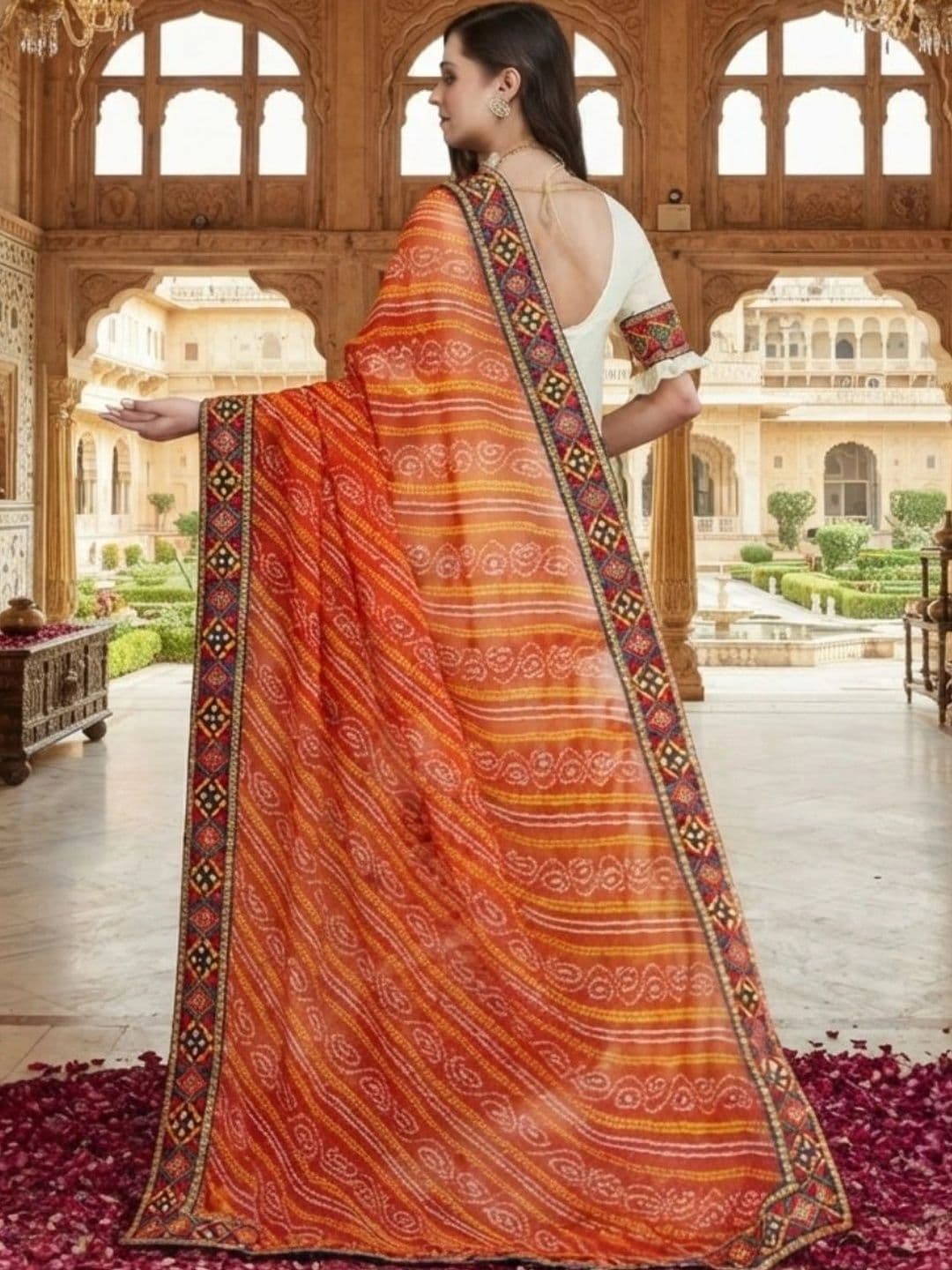 SERONA FABRICS Bandhani Embroidered Poly Georgette Half and Half Bandhani Saree thumbnail 2