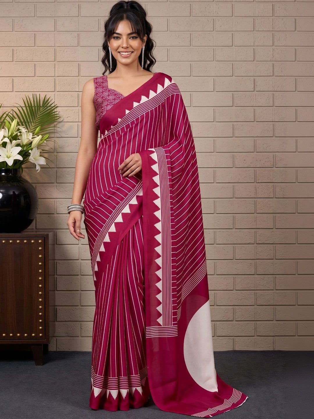 Anouk Striped Satin Designer Leheriya Saree - view 1