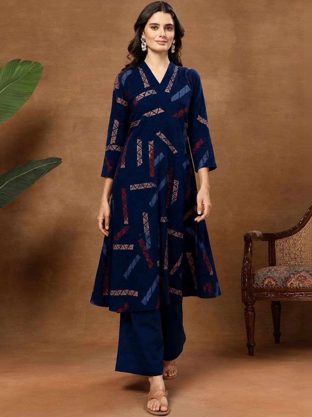 Sangria Geometric Printed A-Line Kurta with Palazzos - view 1
