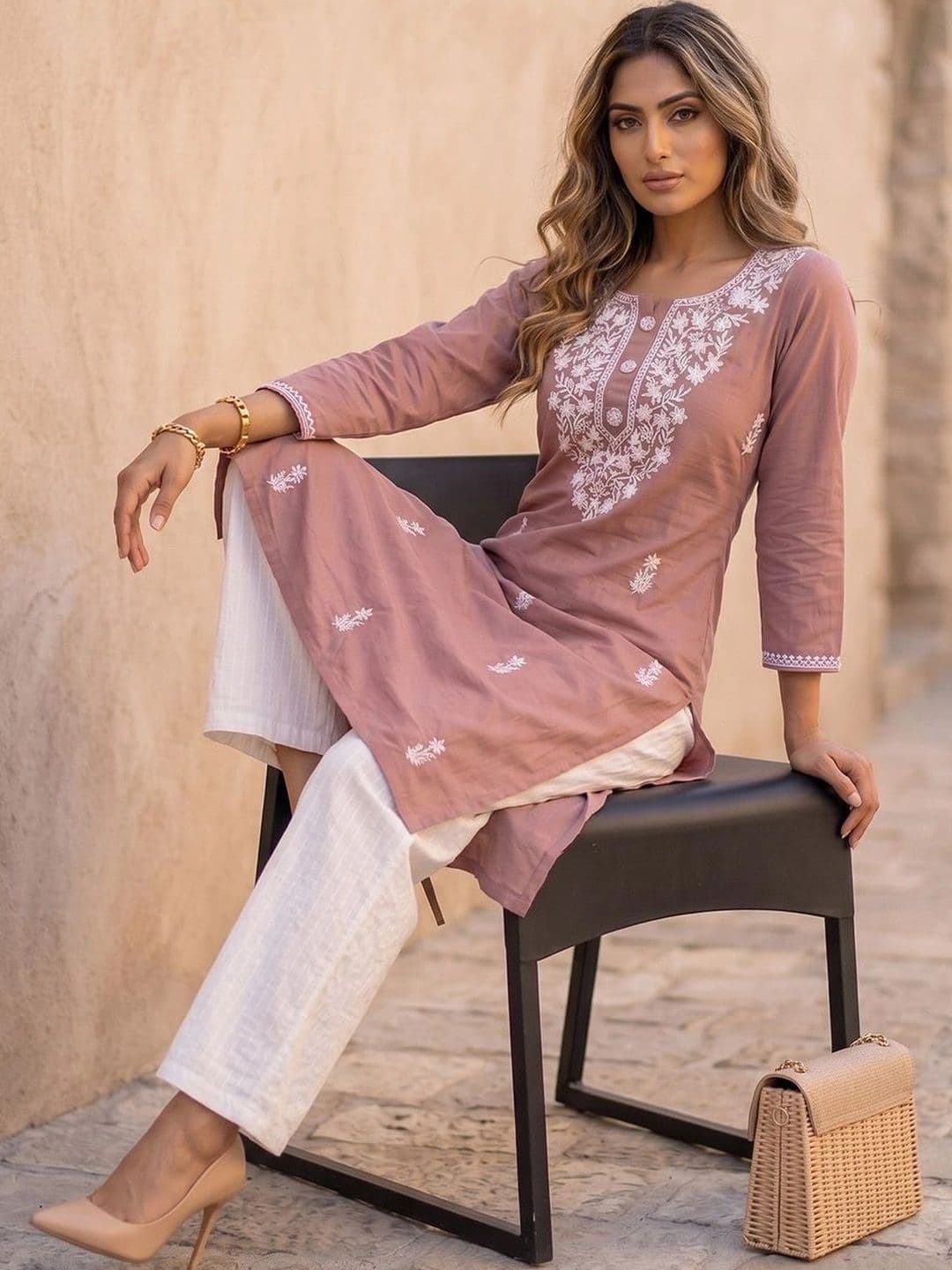 KALAMIR Women Ethnic Motifs Embroidered Chikankari Kurta thumbnail 5