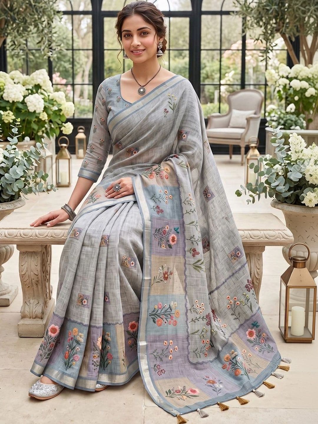 Mitera Floral Embroidered Linen Blend Tussar Saree thumbnail 5