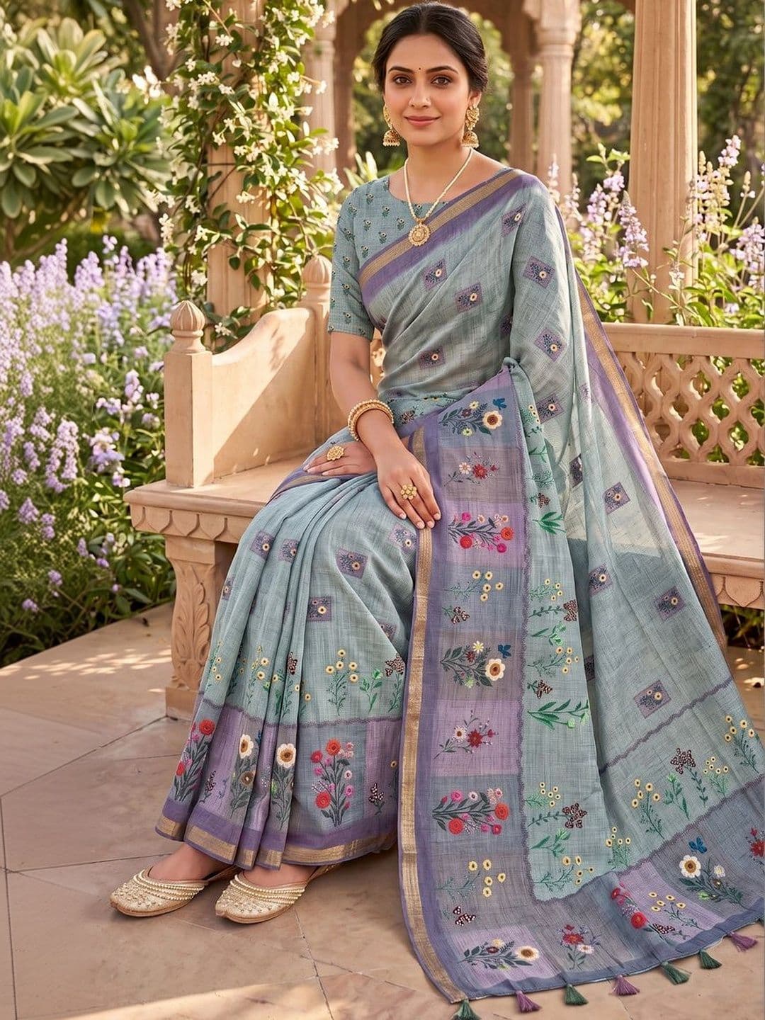 Mitera Floral Linen Blend Tussar Saree thumbnail 4