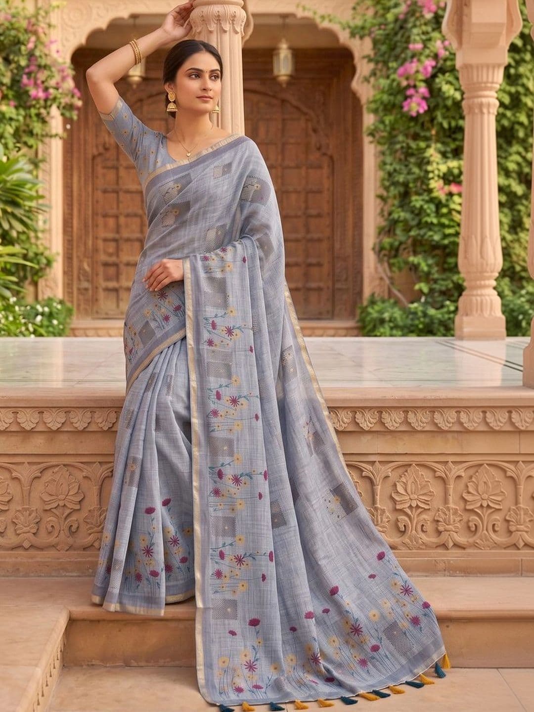 Mitera Floral Linen Blend Tussar Saree thumbnail 2