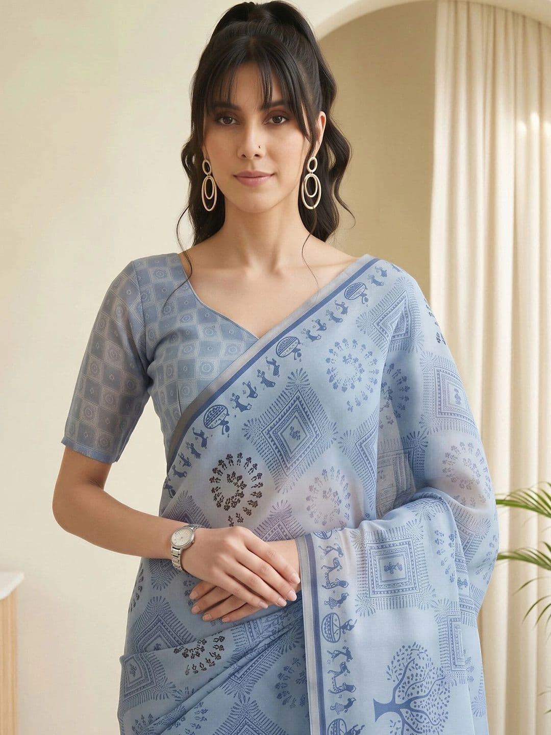 Sangria Warli Linen Blend Designer Block Print Saree thumbnail 6
