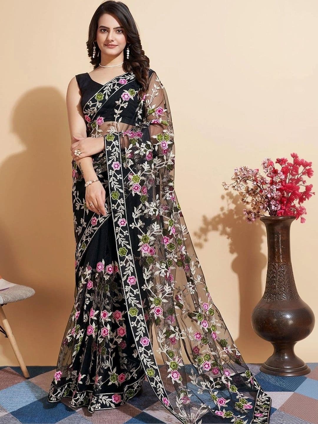 akhodalkrp Floral Embroidered Net Saree - view 1