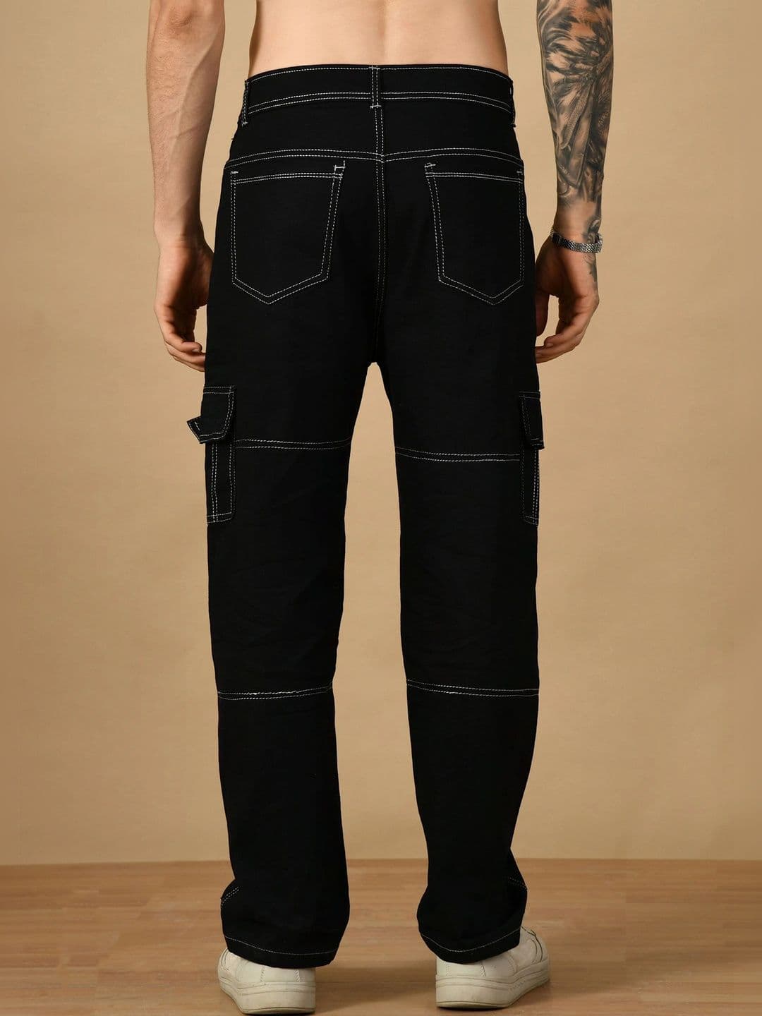 HERE&NOW Men's Contrast-Stitched Mid-Rise Relaxed Straight-Leg Cargo Jeans thumbnail 2