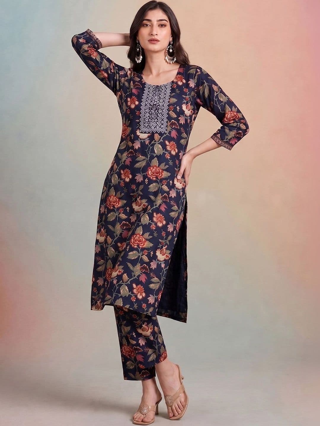 AADVIKA Women Floral Printed Regular Thread Work Kurta with Trousers & With Dupatta thumbnail 3