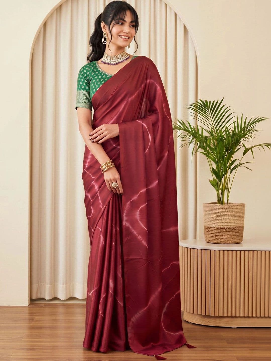 Sangria Tie and Dye Silk Blend Designer Block Print Saree - view 1