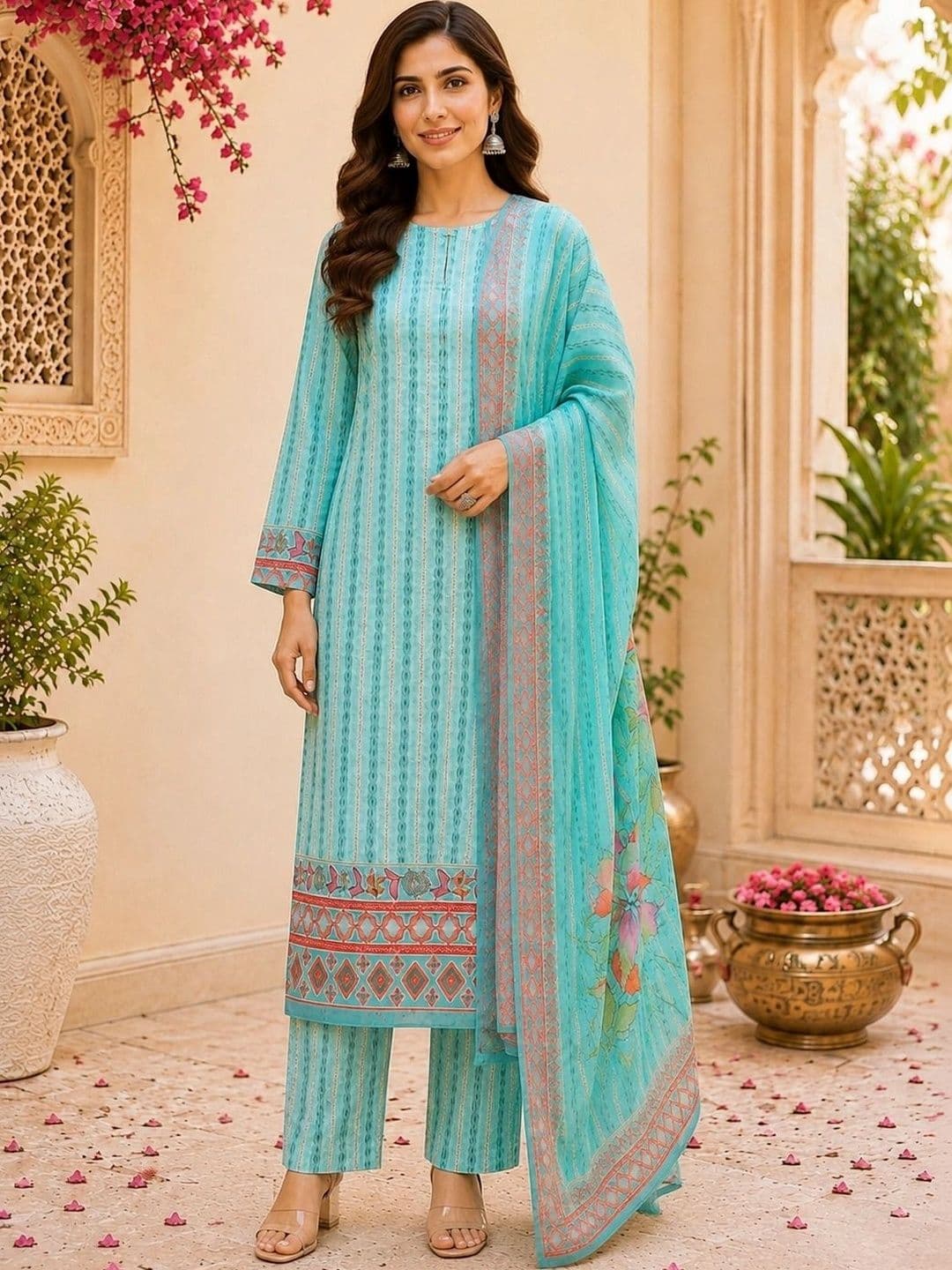 SOURAGYA Women Ethnic Motifs Printed Regular Pure Cotton Kurta with Palazzos & With Dupatta - view 1