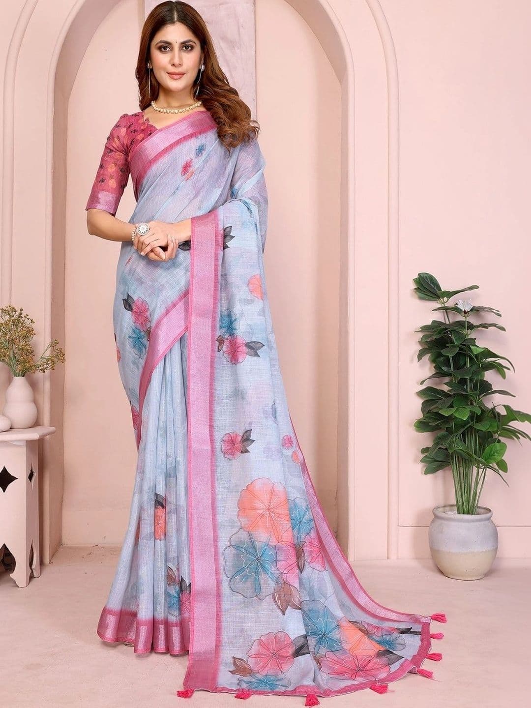 Kesarii Floral Linen Blend Saree - view 1