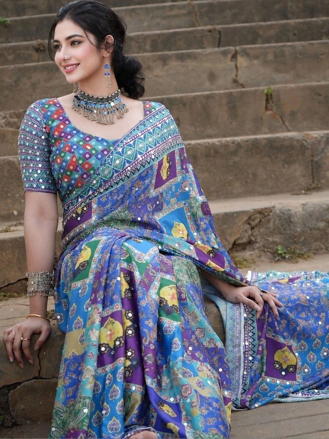 Sangria Ajrak Block Mirror Work Poly Chiffon Patola Saree thumbnail 6