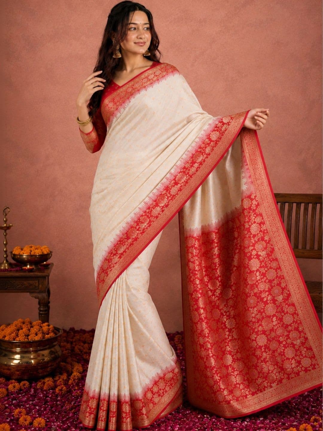 all about you Floral Zari Silk Blend Banarasi Saree thumbnail 2