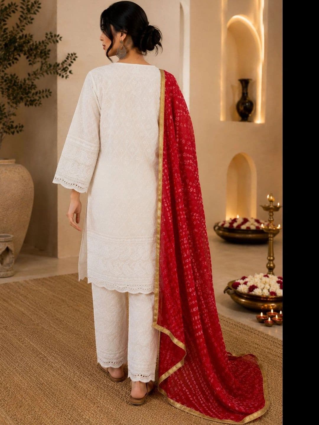 SINGNI Women Ethnic Motifs Embroidered Regular Chikankari Pure Cotton Kurta with Trousers & With Dupatta thumbnail 3