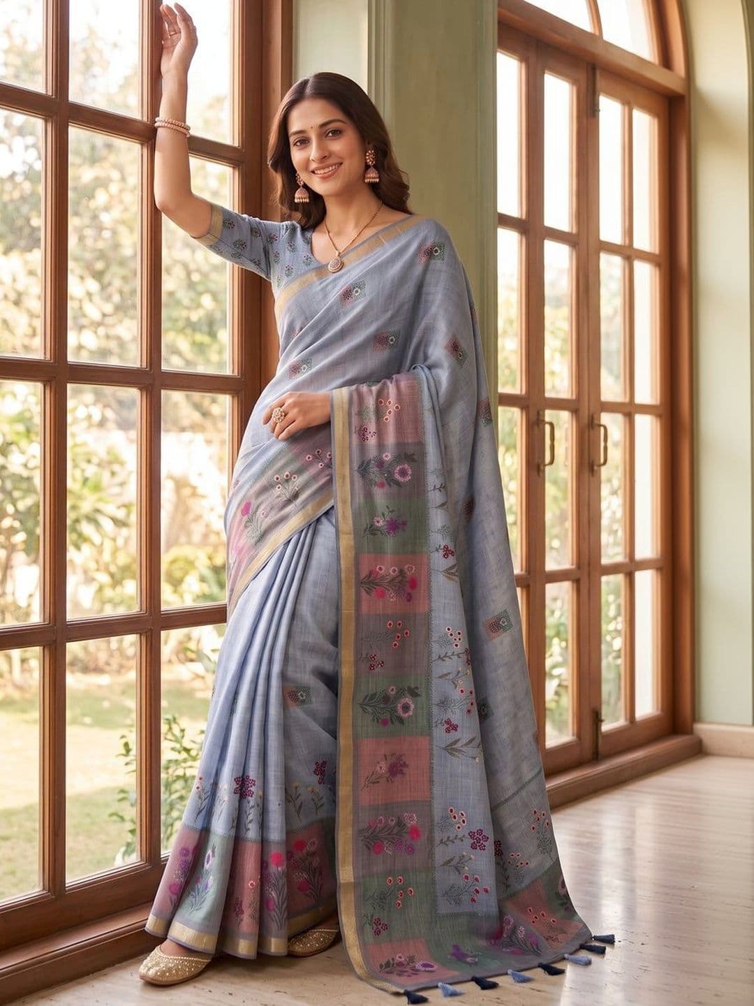 Mitera Floral Linen Blend Tussar Saree thumbnail 7