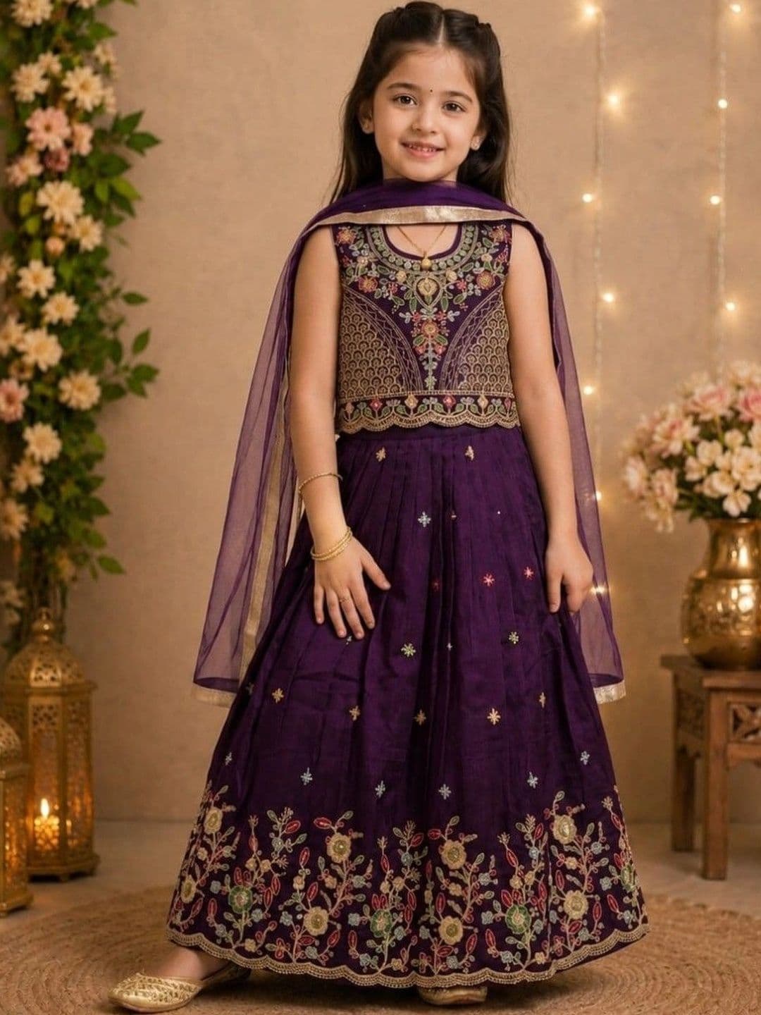 Tiny Kingdom Girls Embroidered Thread Work Ready to Wear Lehenga & Blouse With Dupatta - view 1