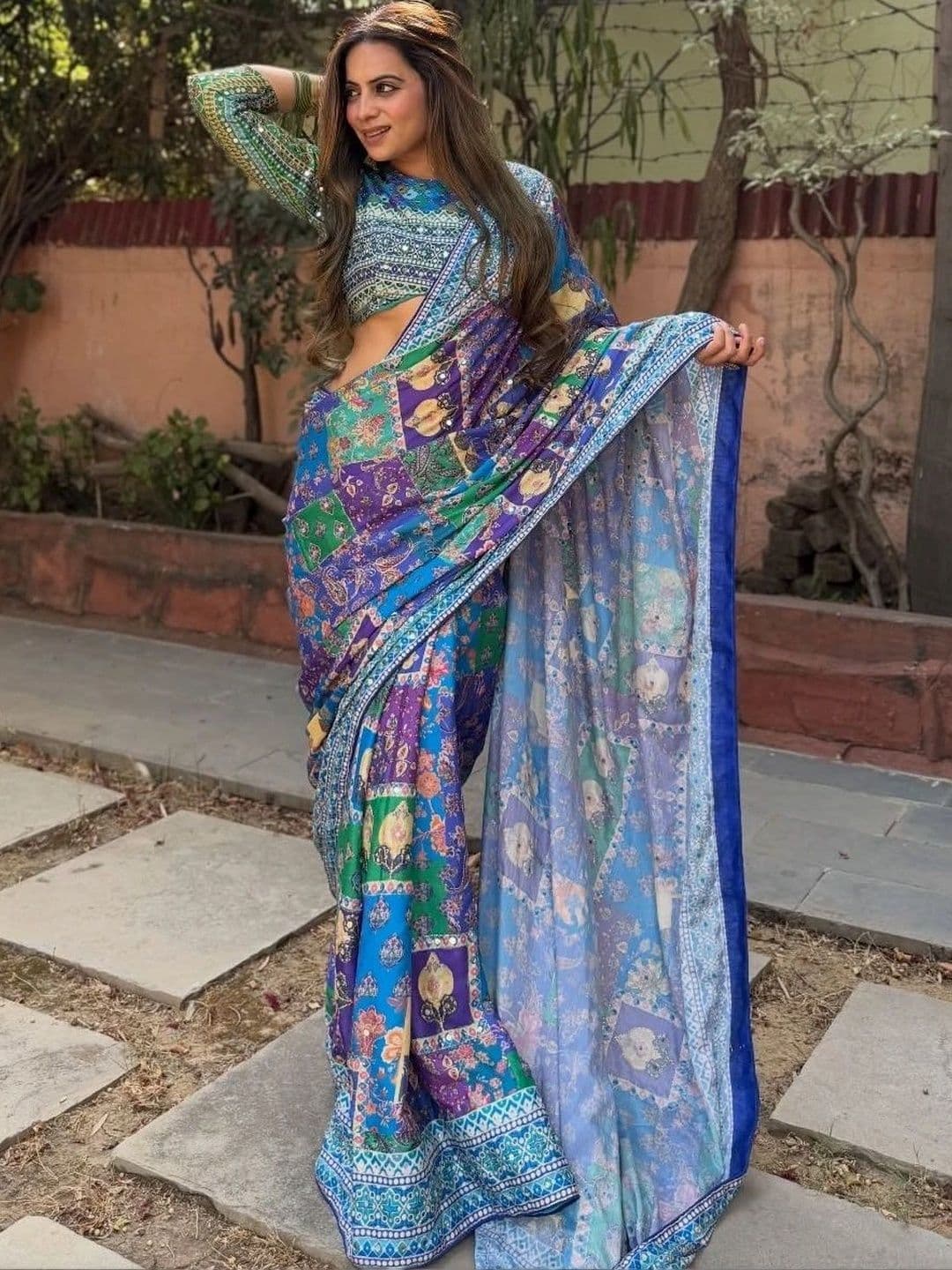 Sangria Ajrak Block Mirror Work Poly Chiffon Patola Saree - view 1