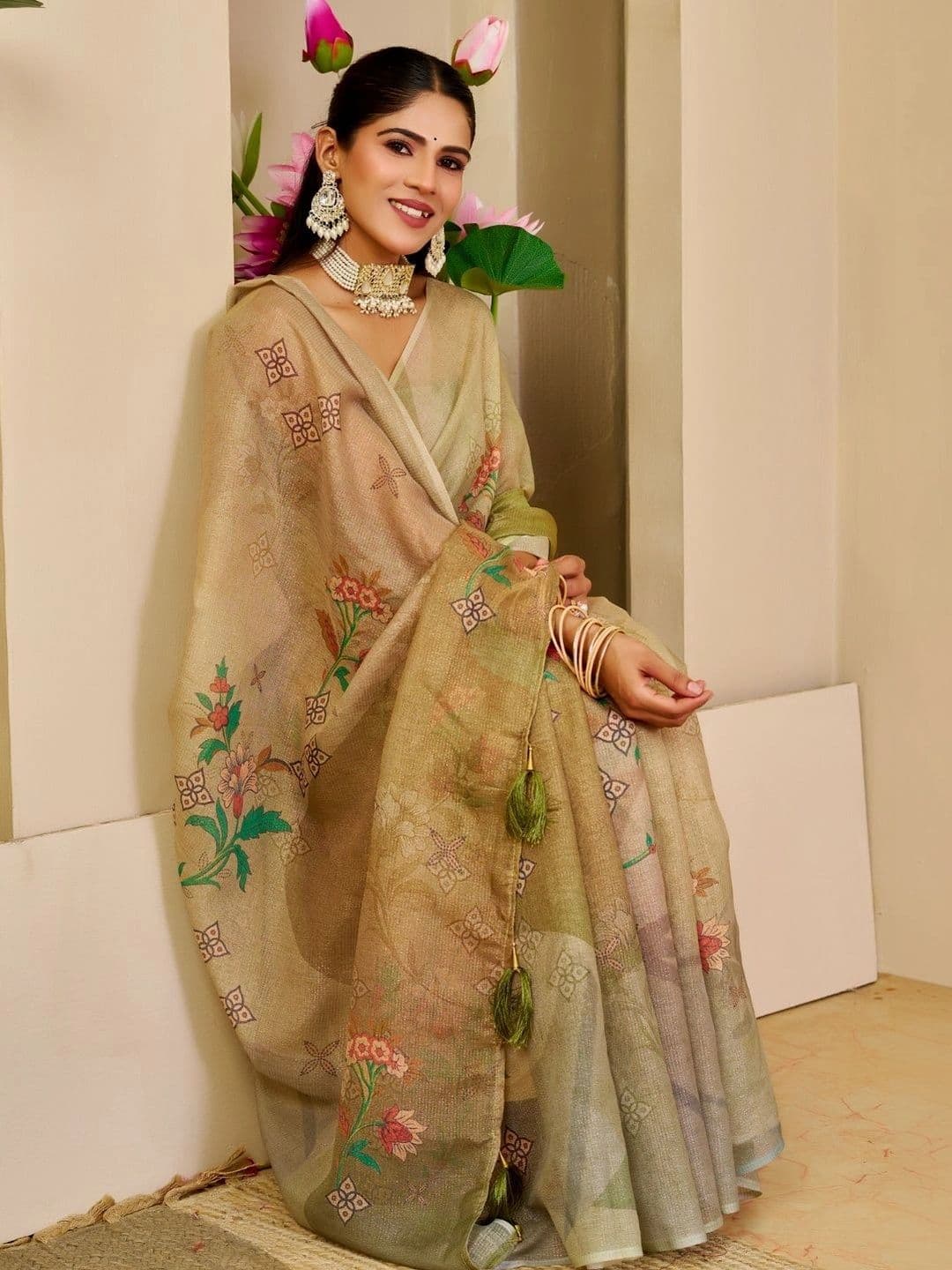 ZAMUNA Floral Tissue Fusion Bhagalpuri Saree - view 1