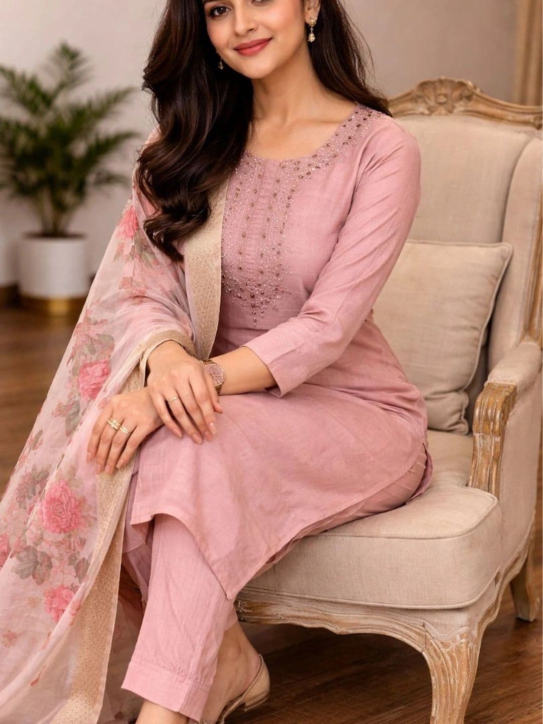 ERIKA Women Ethnic Motifs Embroidered Regular Thread Work Kurta with Trousers & With Dupatta thumbnail 3