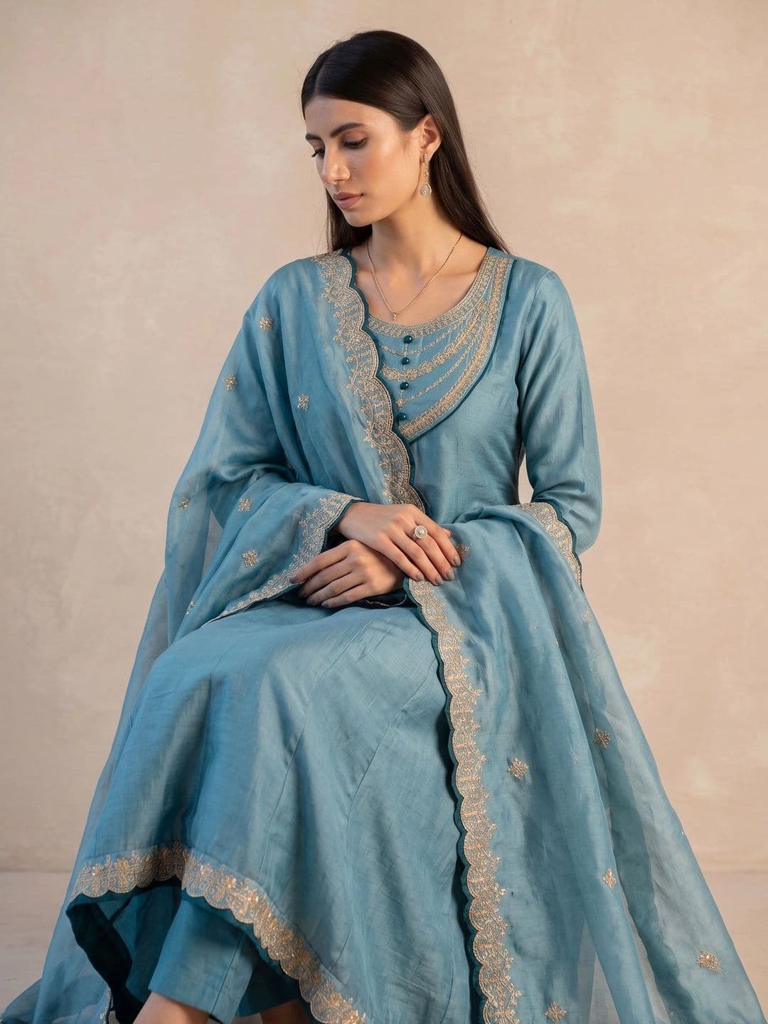 KALINI Women Ethnic Motifs Embroidered Empire Dupion Silk Kurta with Trousers & Dupatta thumbnail 4