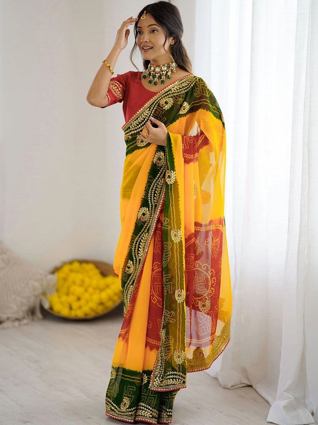 SANISA Tie and Dye Embroidered Pure Georgette Saree - view 1