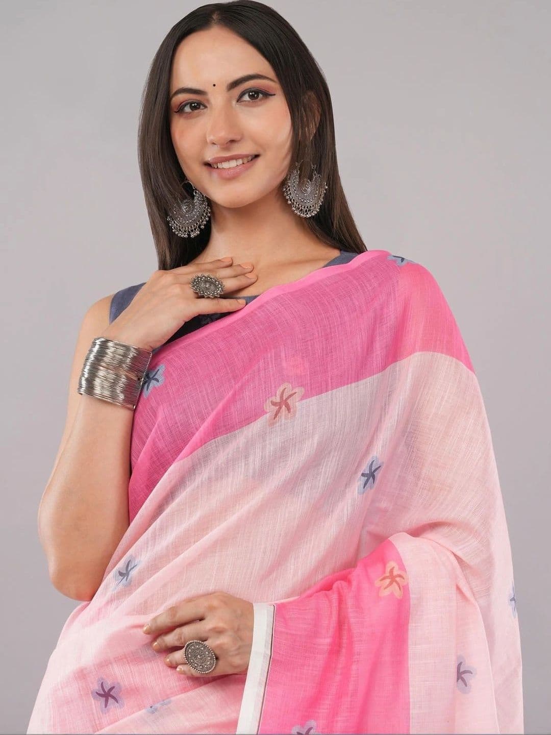 SAMANTHA Striped Embroidered Linen Blend Saree thumbnail 2