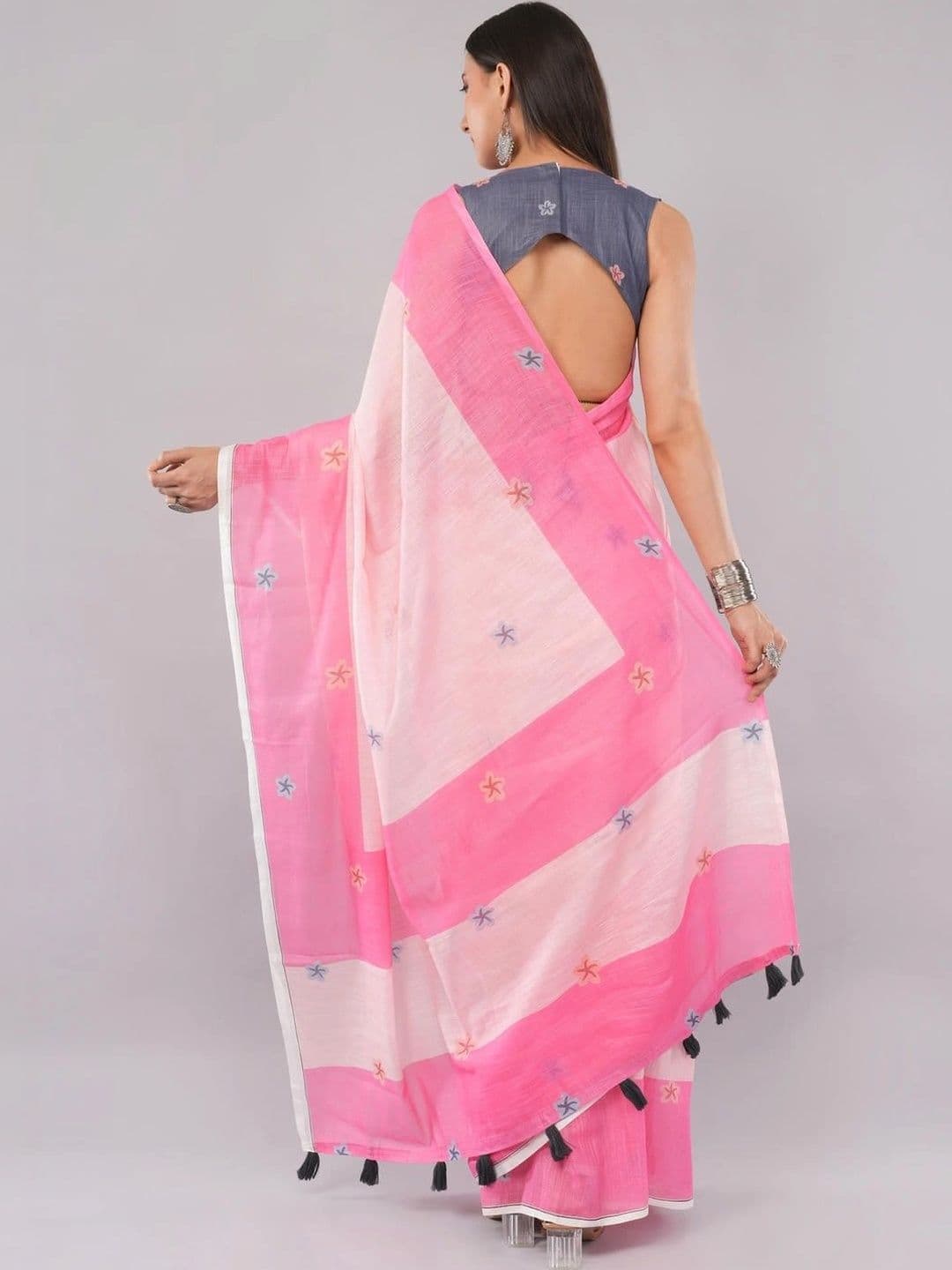 SAMANTHA Striped Embroidered Linen Blend Saree thumbnail 6