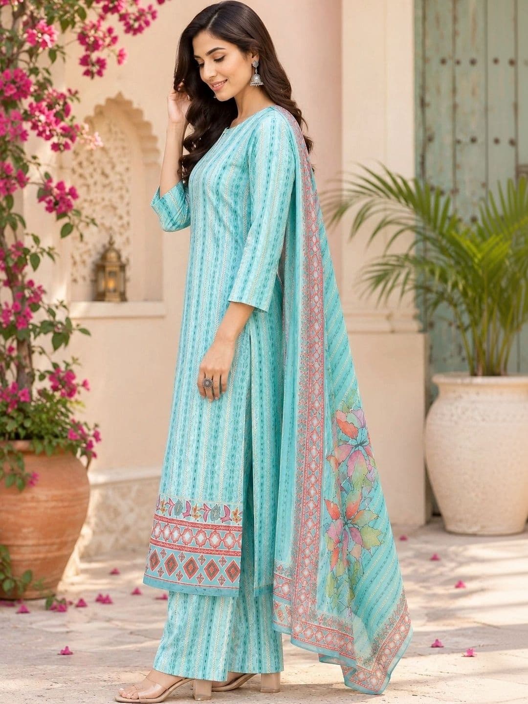 SOURAGYA Women Ethnic Motifs Printed Regular Pure Cotton Kurta with Palazzos & With Dupatta thumbnail 5