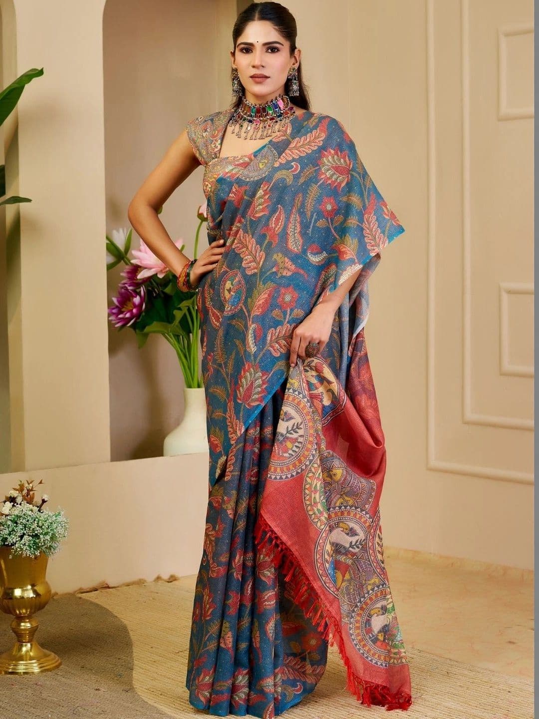 ZAMUNA Women Kalamkari Tissue Designer Bhagalpuri Saree thumbnail 3