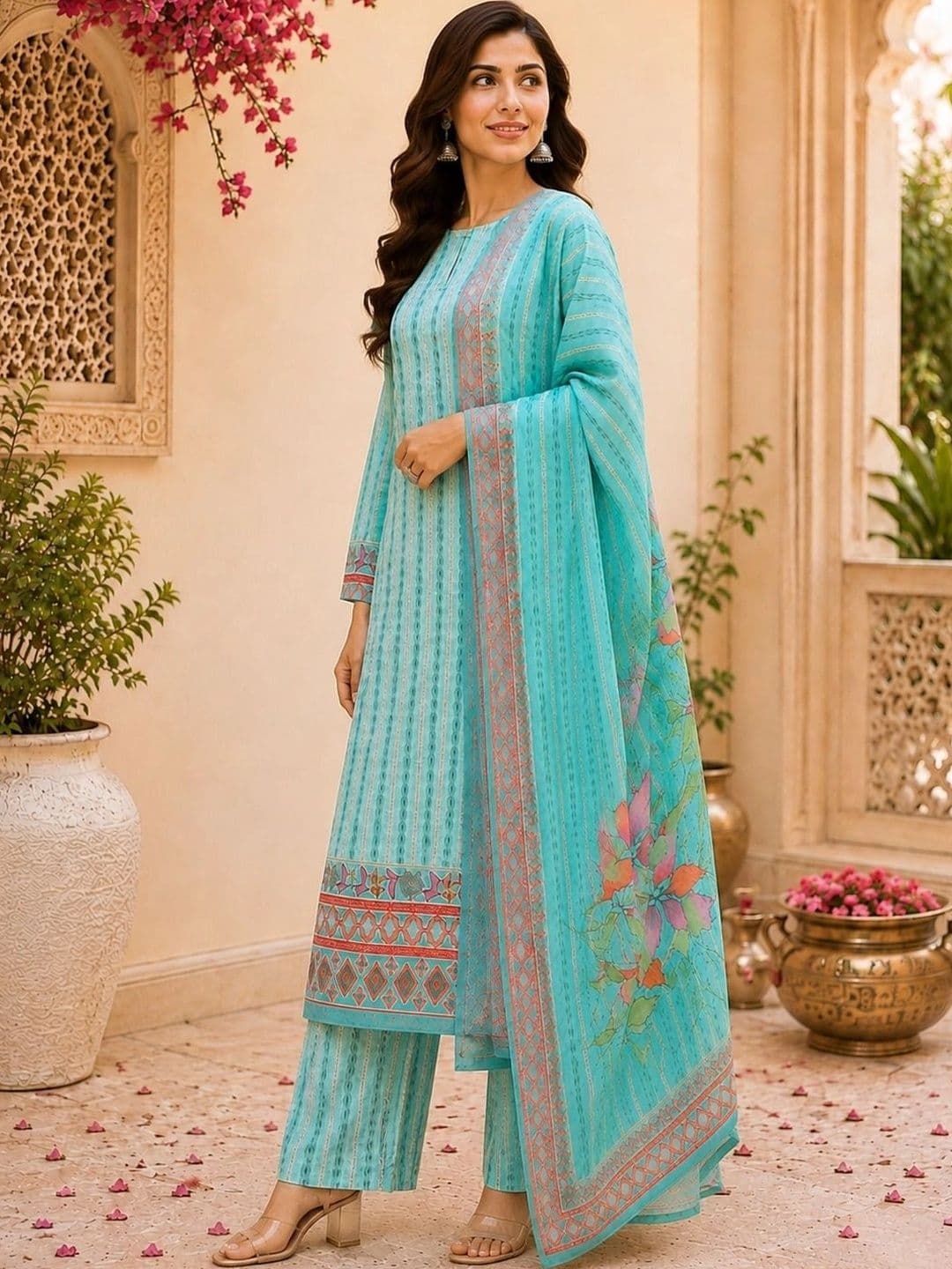 SOURAGYA Women Ethnic Motifs Printed Regular Pure Cotton Kurta with Palazzos & With Dupatta thumbnail 7