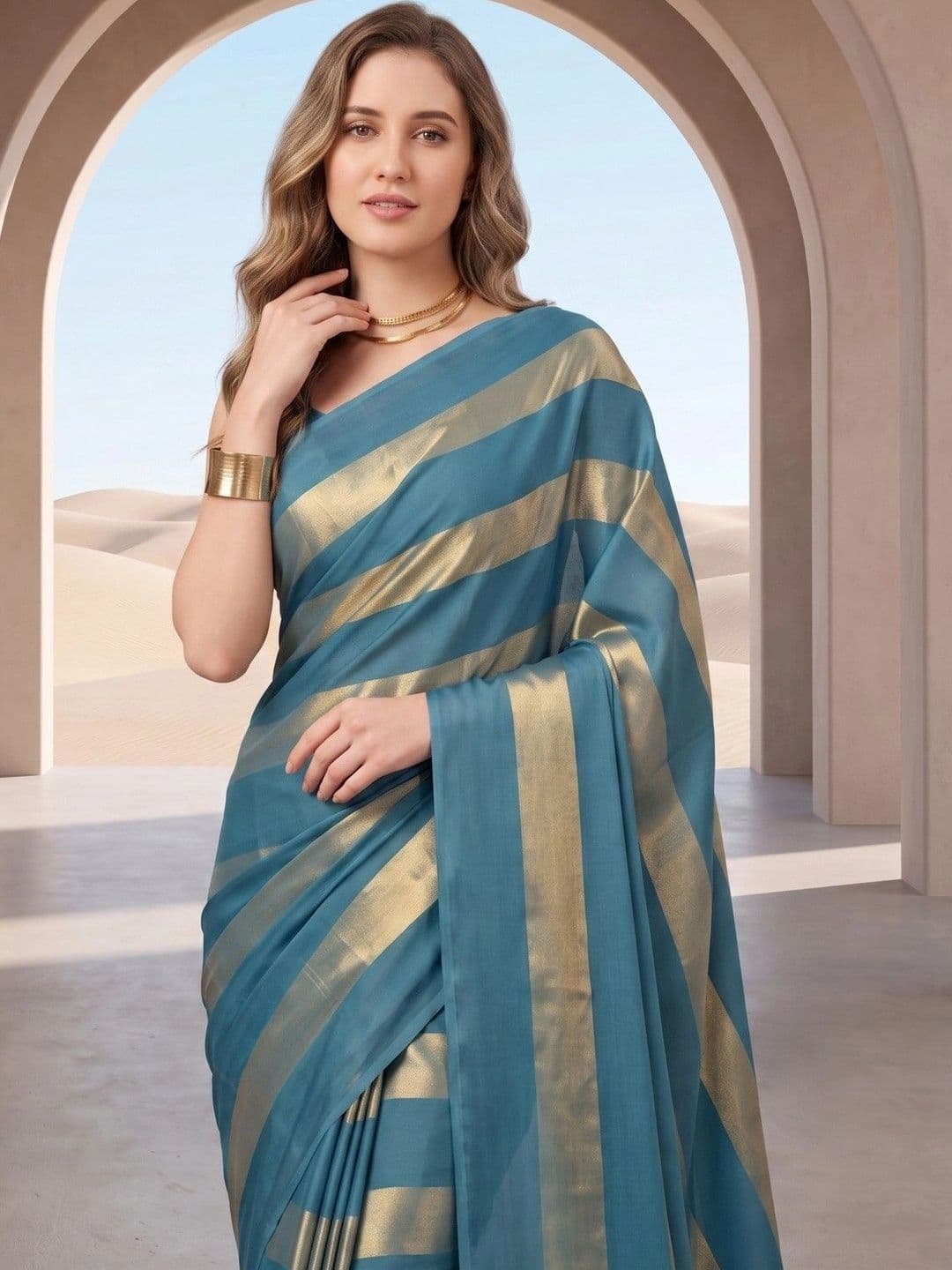 House of Vived Striped Zari Silk Blend Designer Saree thumbnail 2