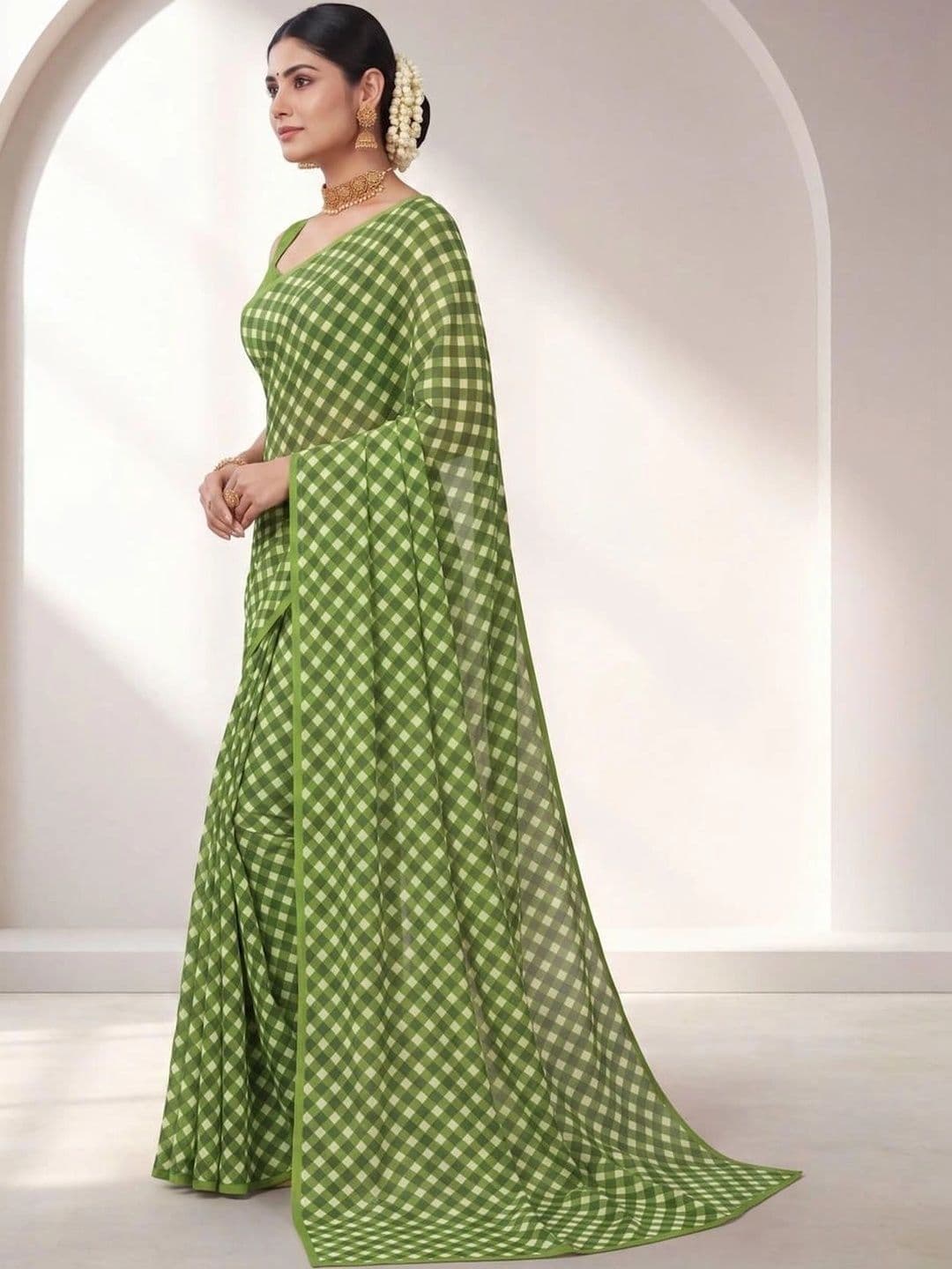 SAMANTHA Checked Poly Georgette Saree thumbnail 6