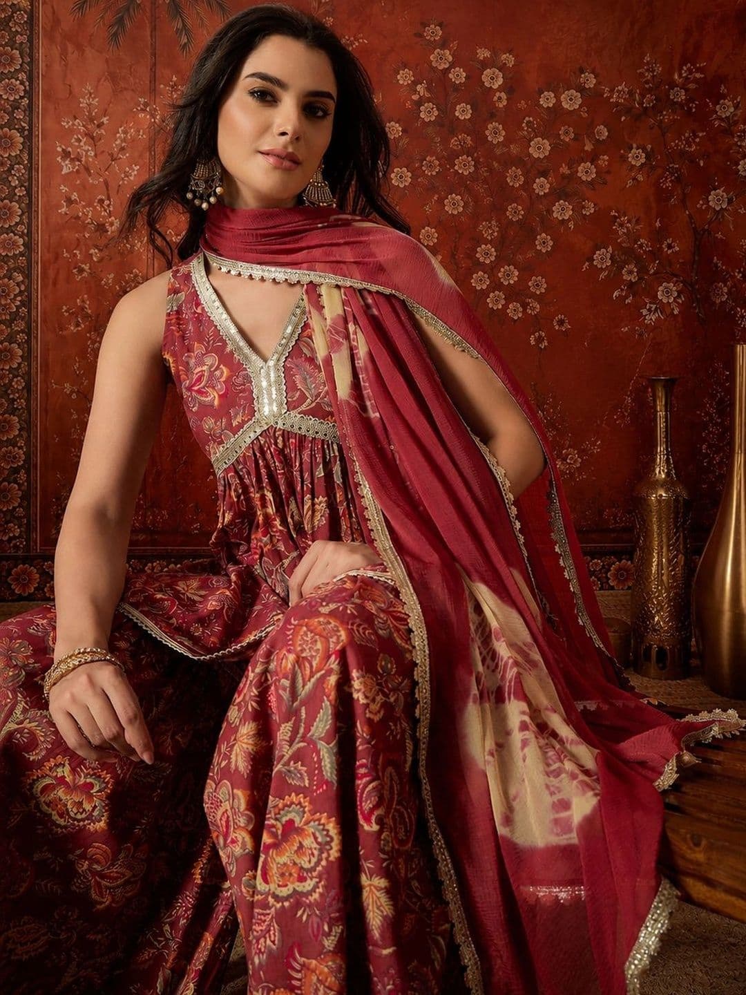 Sangria Women Printed Empire Gotta Patti Kurta with Sharara & With Dupatta thumbnail 3