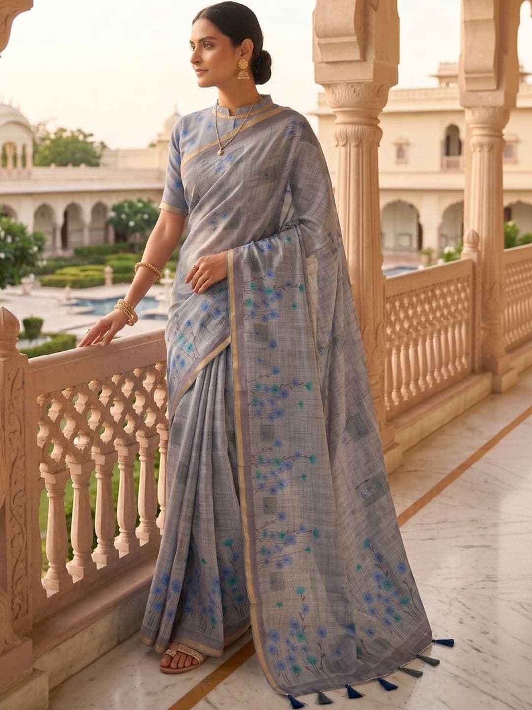 Mitera Floral Linen Blend Tussar Saree thumbnail 2