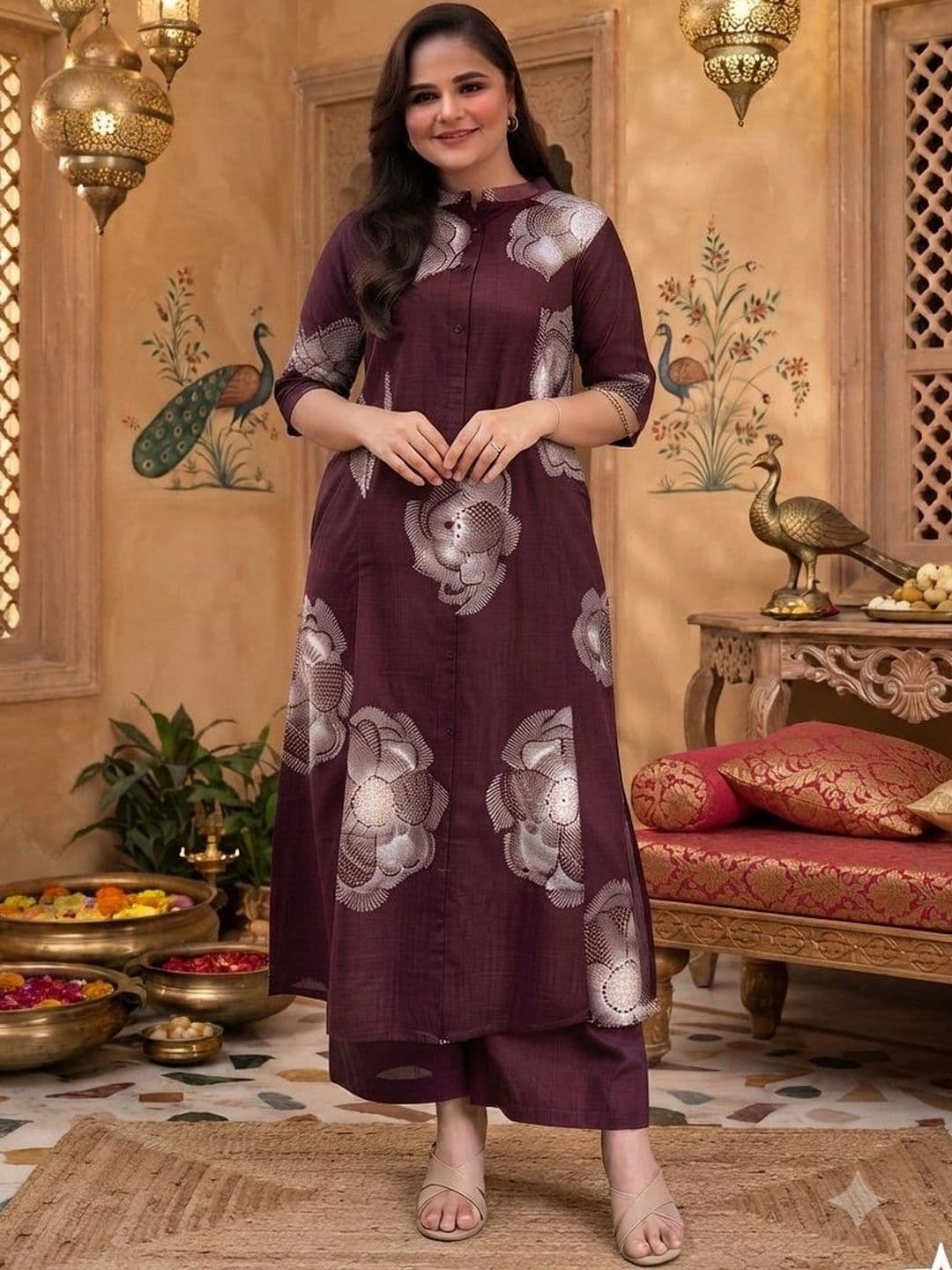 Subh LAXMI Women Floral Printed Regular Pure Cotton Kurta with Palazzos thumbnail 7