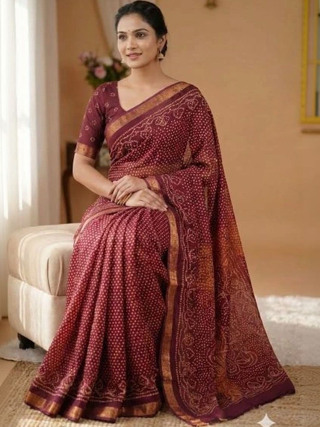 KALINI Bandhani Zari Pure Georgette Fusion Saree thumbnail 5