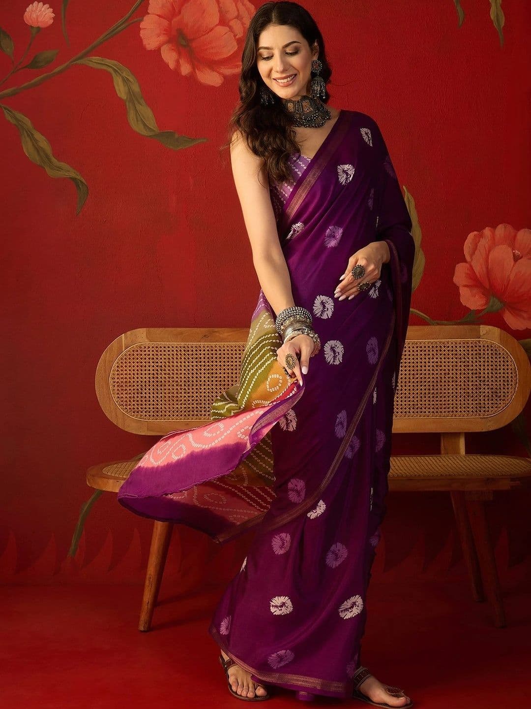 Sangria Bandhani Zari Silk Cotton Bandhani Saree thumbnail 5