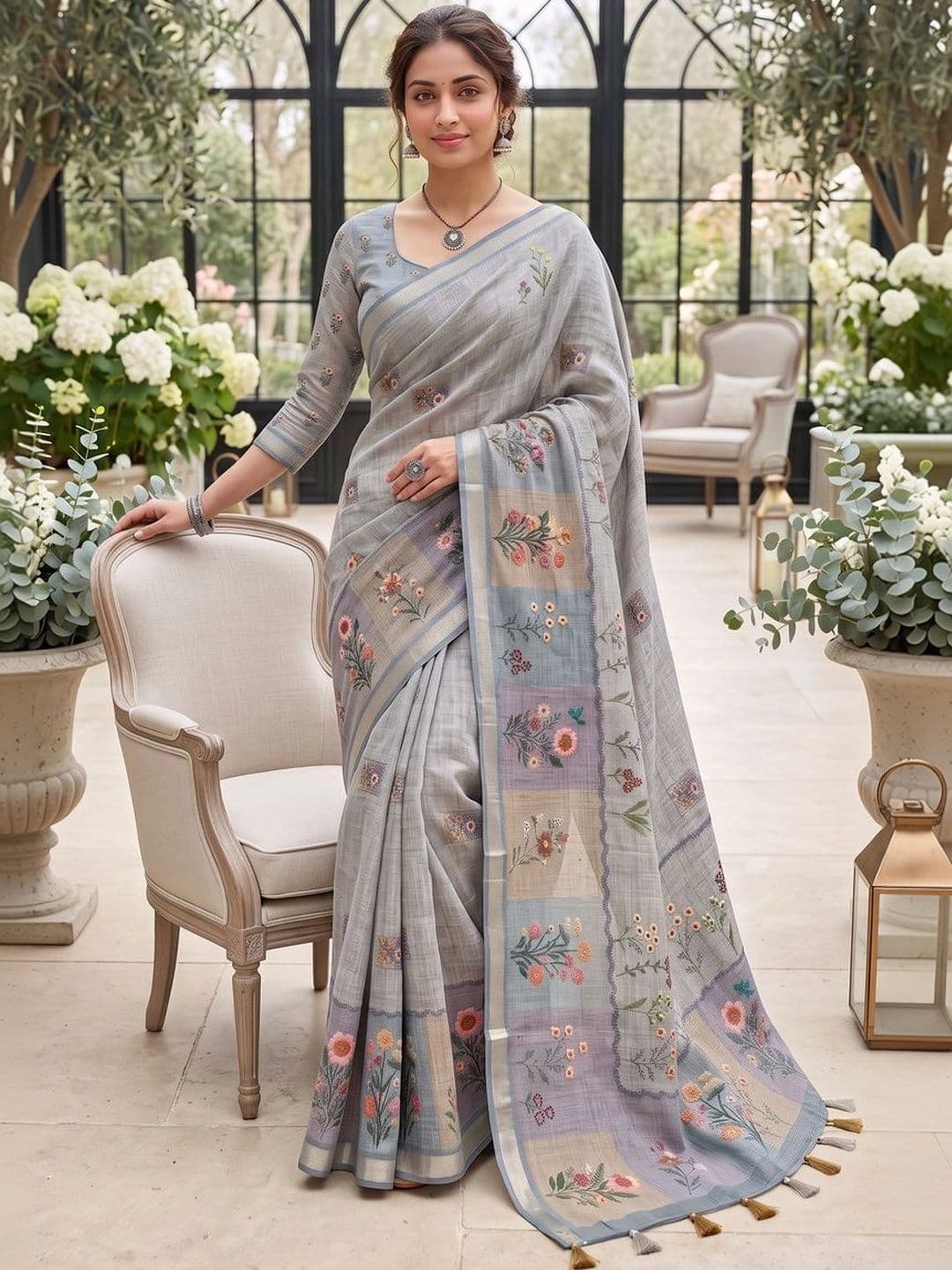 Mitera Floral Embroidered Linen Blend Tussar Saree thumbnail 6